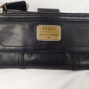 Fossil Black Leather Long Live Vintage 1954 Wallet Clutch Organizer Clea
